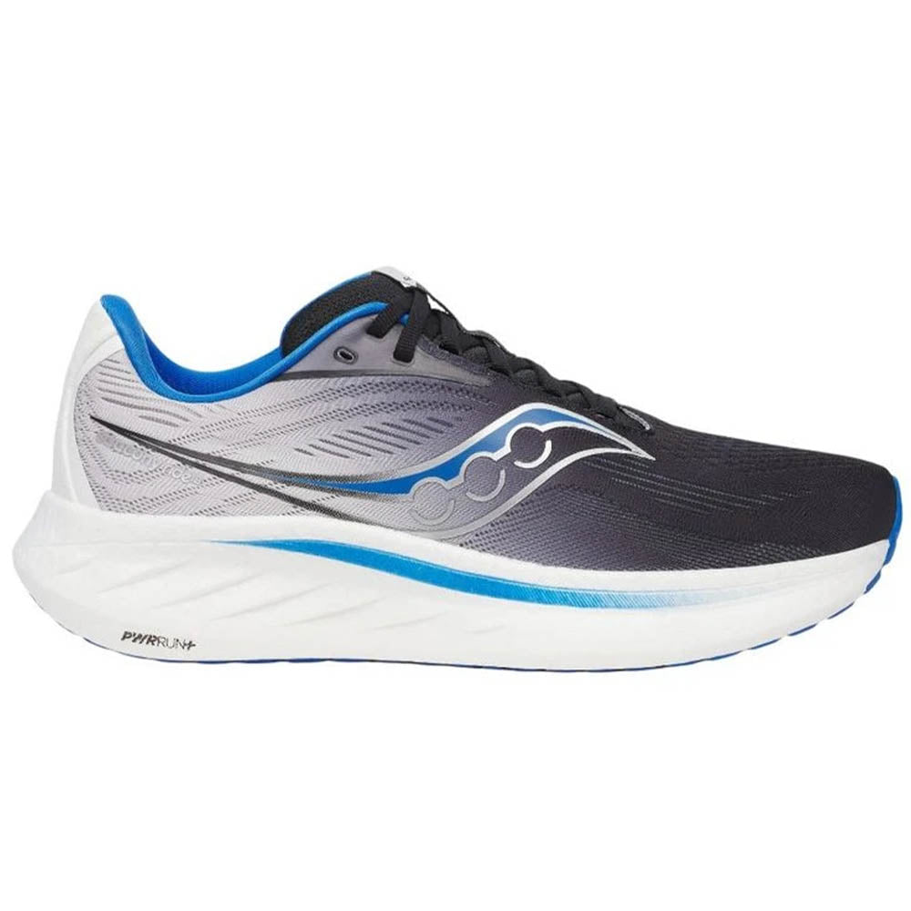 Side view on white background of Mens Saucony Ride running shoe in Black/Skydiver, Medium (Regular) width