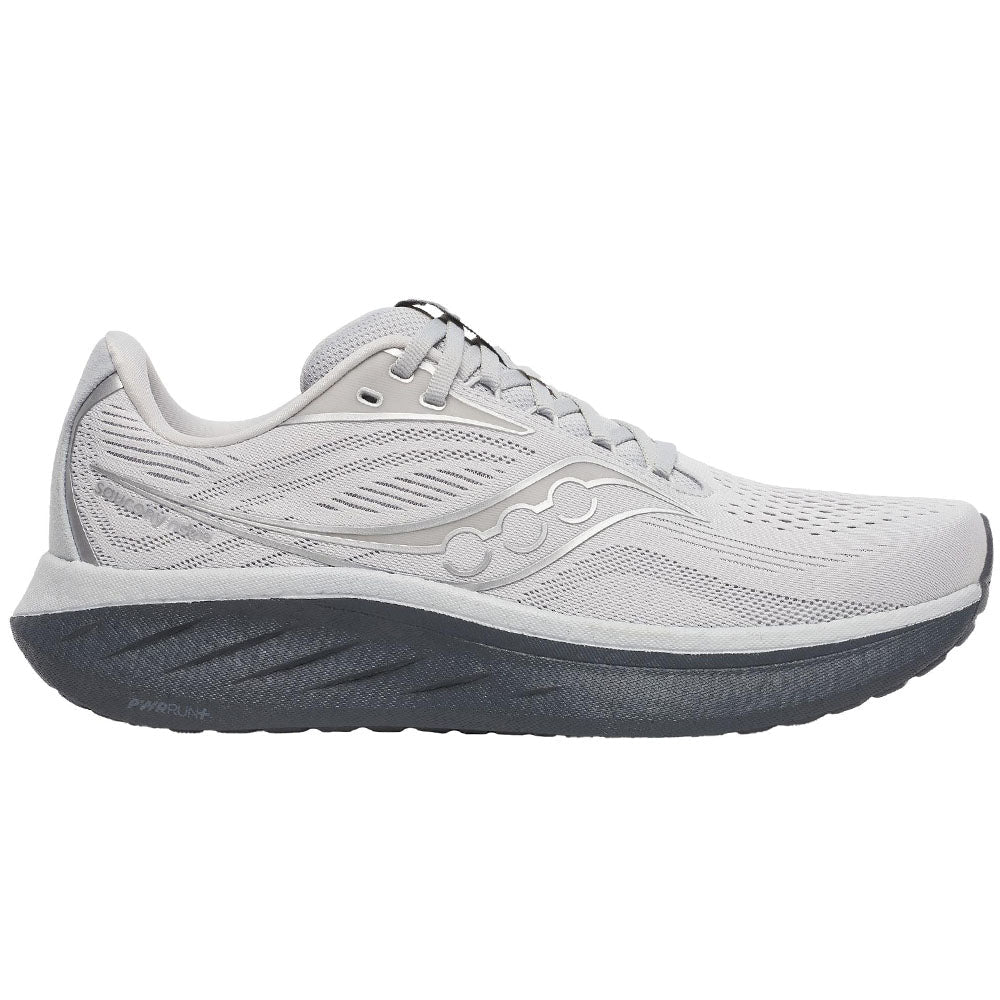 Side view on white background of Mens Saucony Ride 18 running shoe in Cloud/Shadow, Wide width