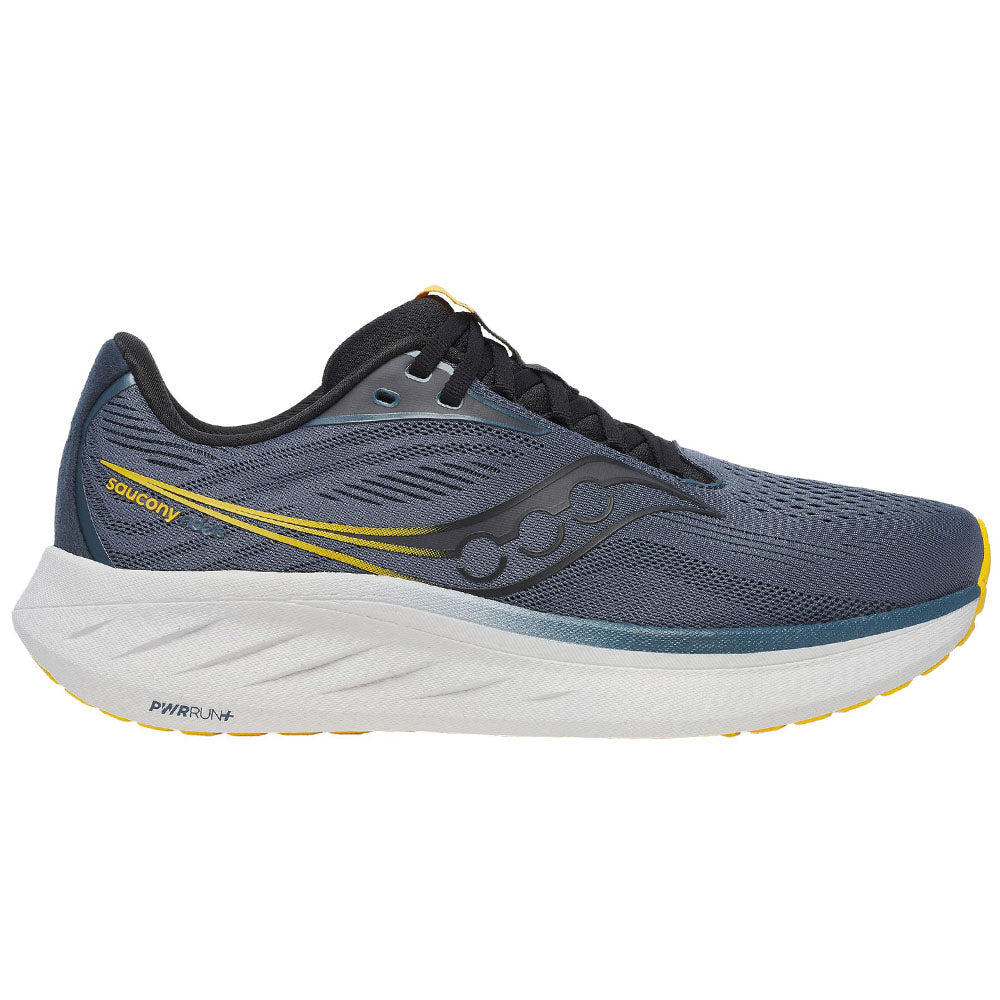 Side view on white background of Mens Saucony Ride running shoe in Dusk/Pollen, Medium (Regular) width
