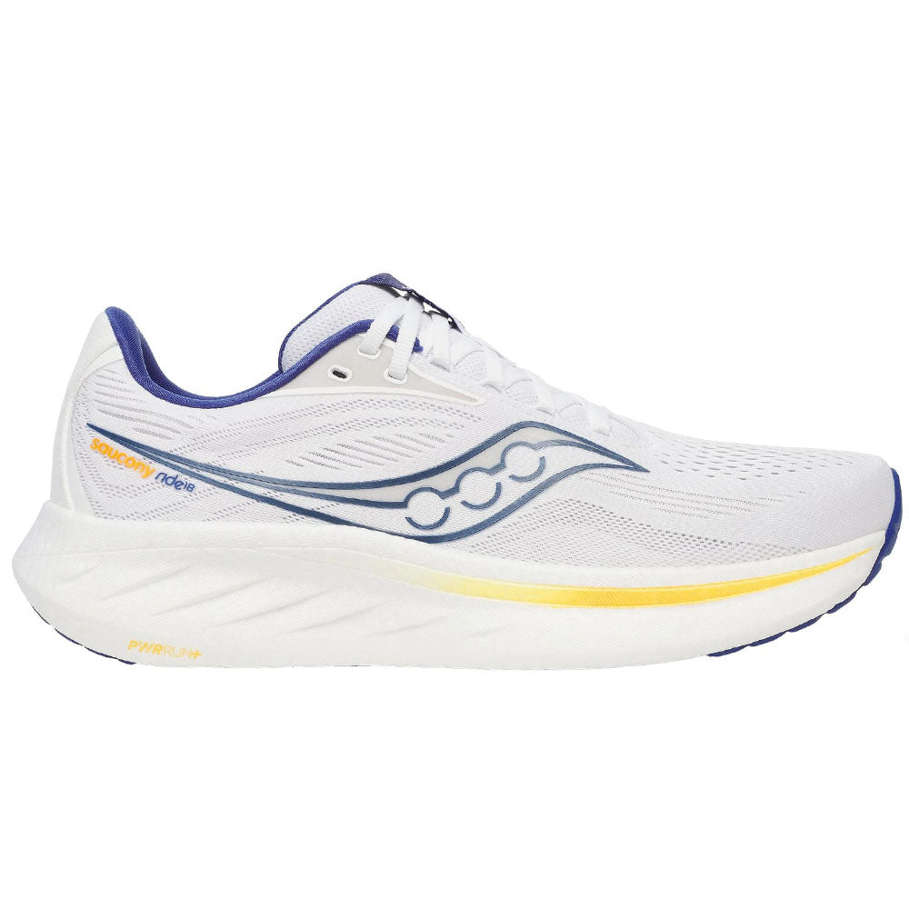 Side view on white background of Mens Saucony Ride running shoe in White/Azurite, Medium (Regular) width