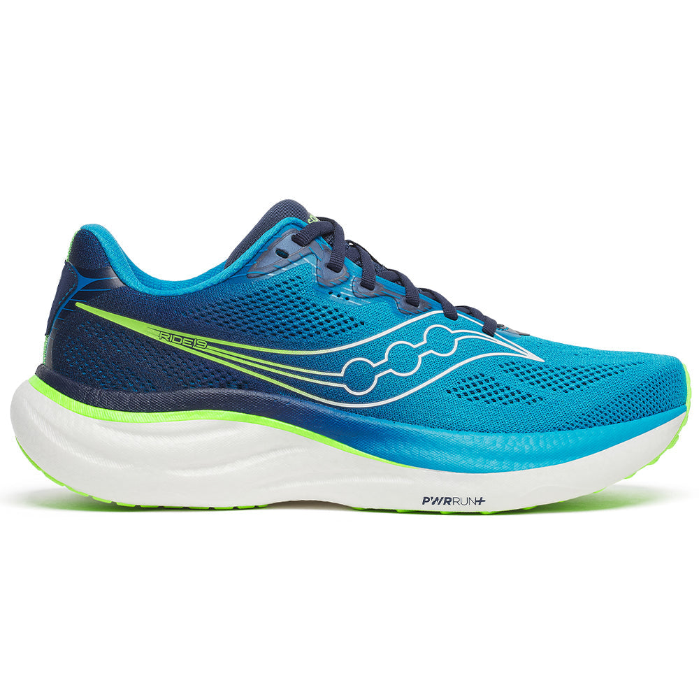 Side view on white background of Mens Saucony Ride running shoe in Cobalt/Slime, Medium (Regular) width