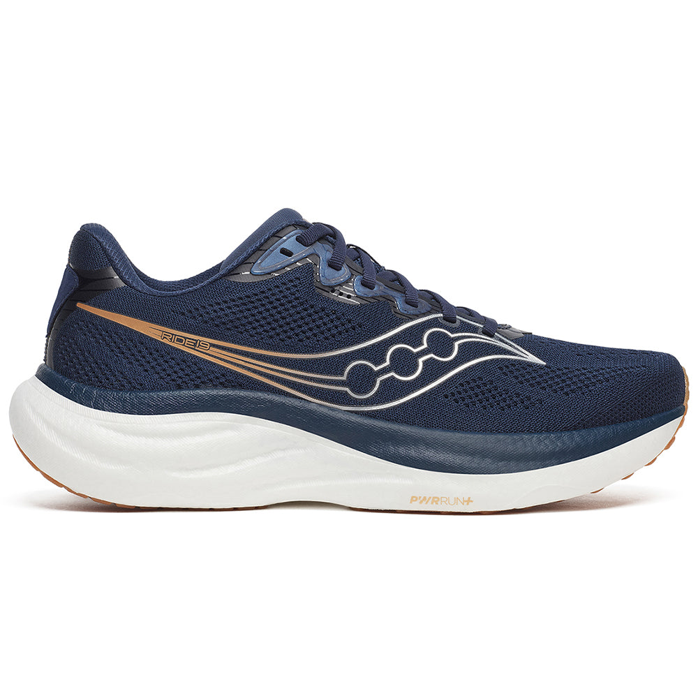 Side view on white background of Mens Saucony Ride running shoe in Navy/Gum, Medium (Regular) width