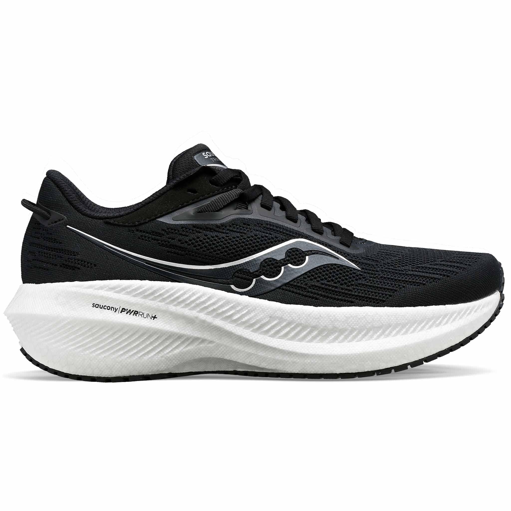 Side view on white background of Mens Saucony Triumph running shoe in Black/White, Medium (Regular) width