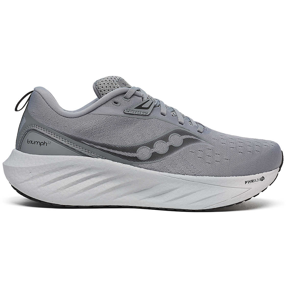 Side view on white background of Mens Saucony Triumph running shoe in Flint/Black, Medium (Regular) width