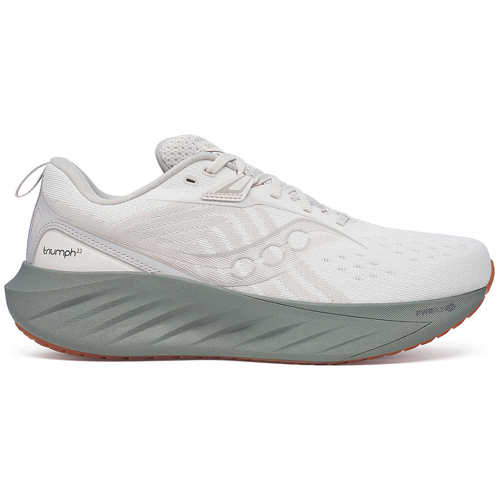 Side view on white background of Mens Saucony Triumph running shoe in Moon/Bough, Medium (Regular) width