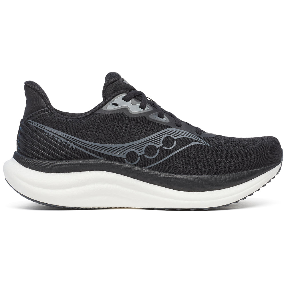 Side view on white background of Mens Saucony Triumph running shoe in Black/White, Medium (Regular) width