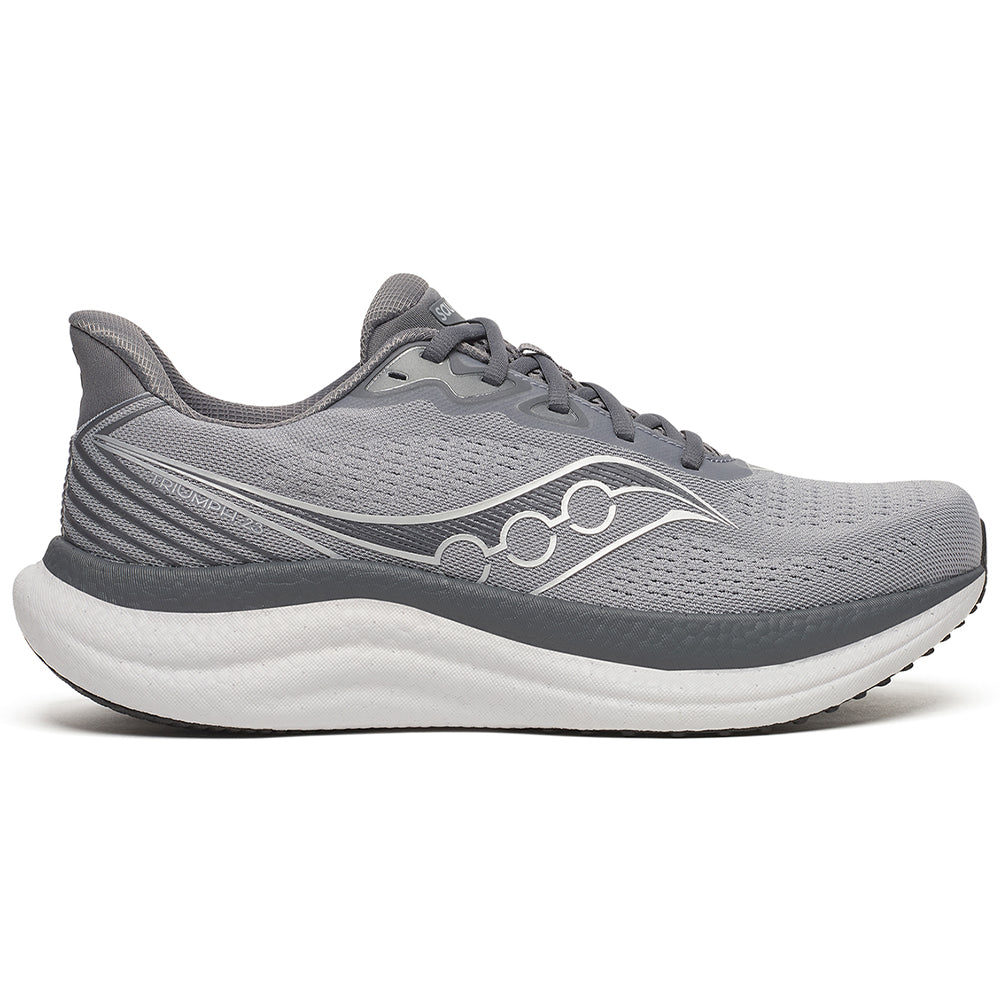 Side view on white background of Mens Saucony Triumph running shoe in Flint/Carbon, Medium (Regular) width