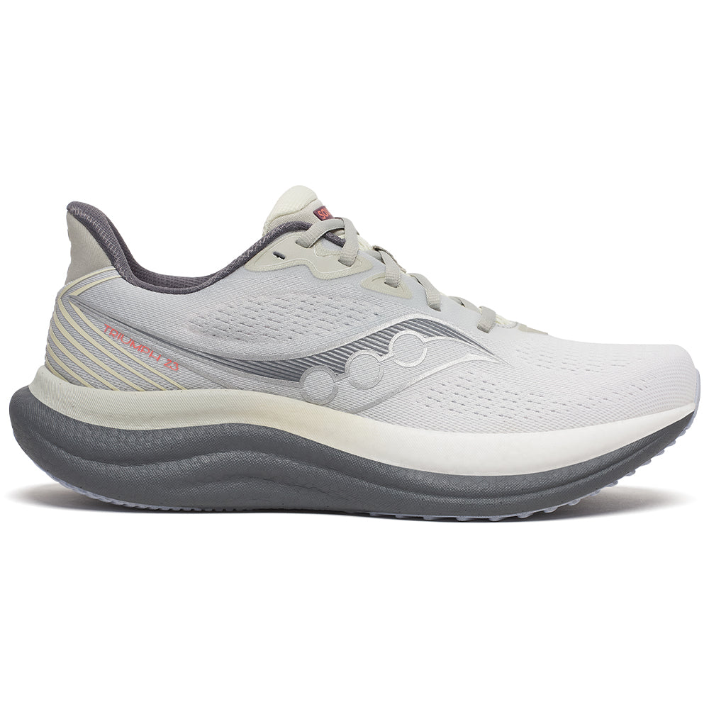 Side view on white background of Mens Saucony Triumph 23 running shoe in Grey/Shadow, Wide width