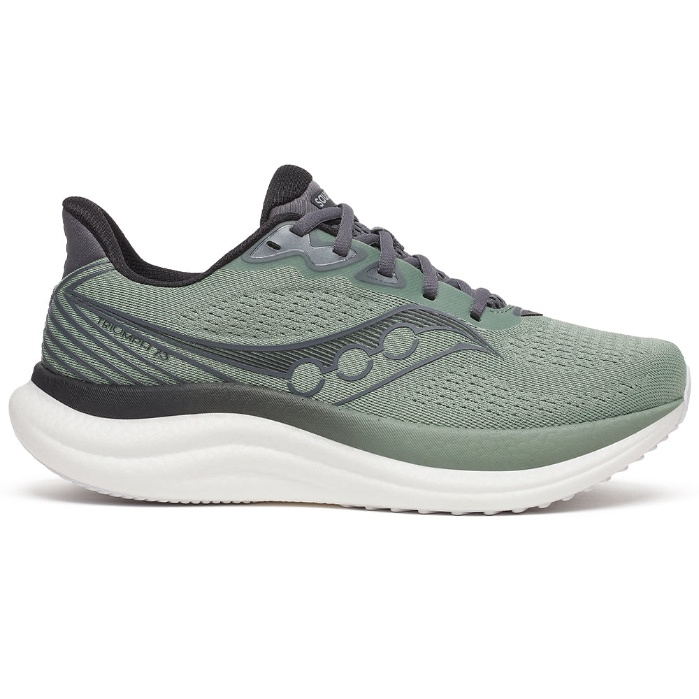 Side view on white background of Mens Saucony Triumph running shoe in Iceburg/Carbon, Medium (Regular) width