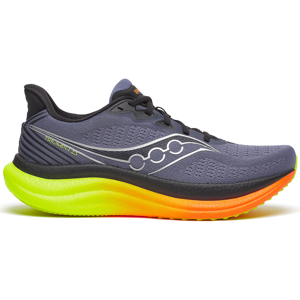 Side view on white background of Mens Saucony Triumph running shoe in Shadow/Vizi, Medium (Regular) width