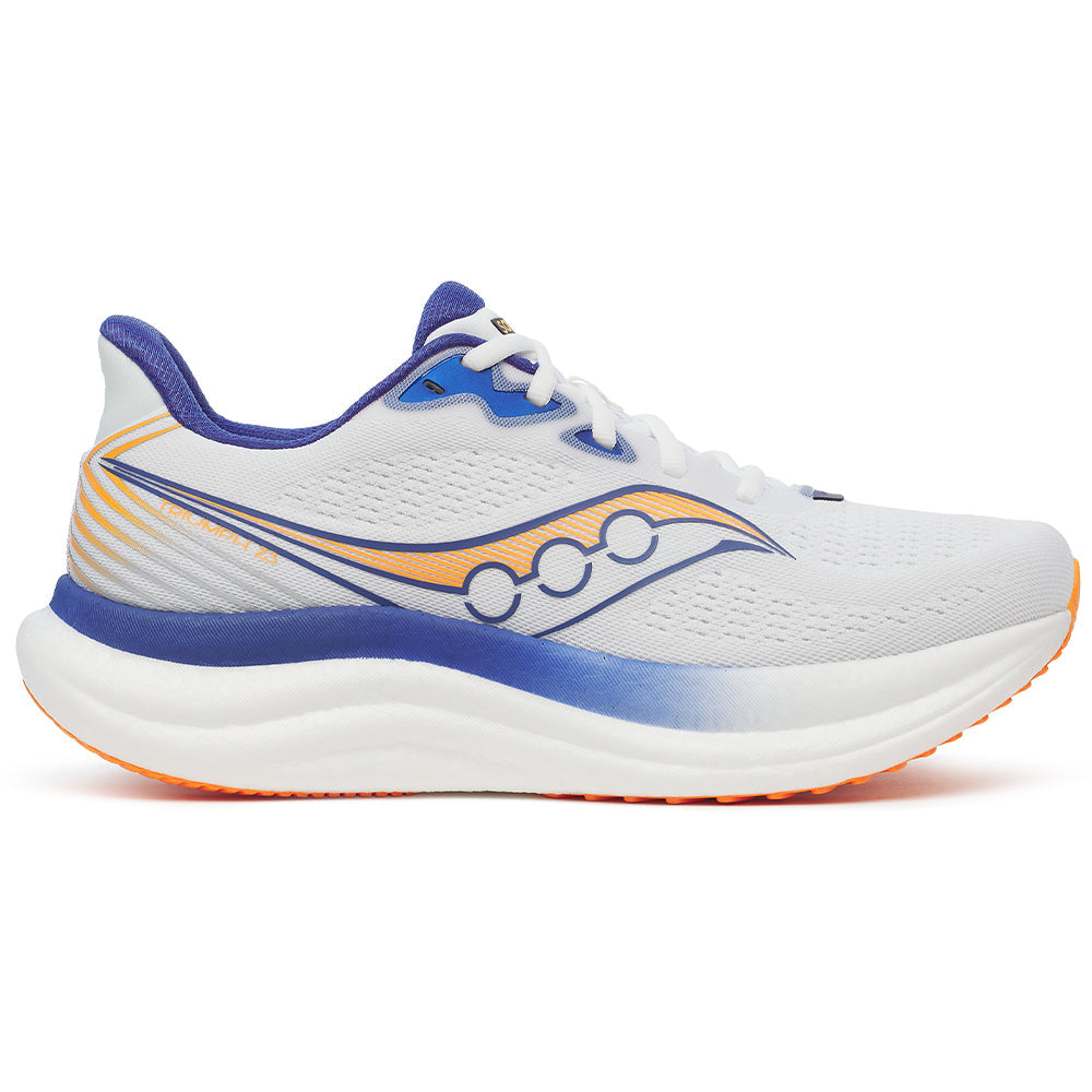 Side view on white background of Mens Saucony Triumph running shoe in White/Azurite, Medium (Regular) width