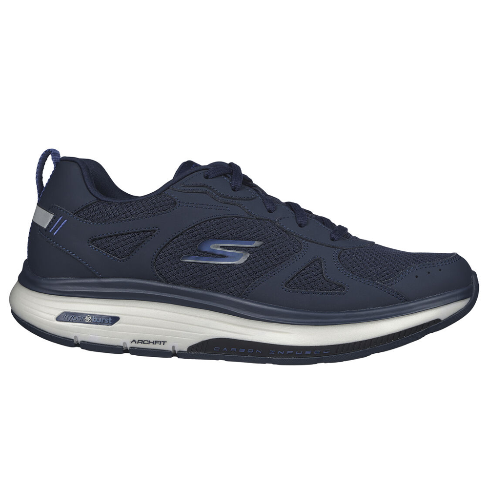 Side view on white background of Mens Skechers Go Walk running shoe in Navy, Medium (Regular) width