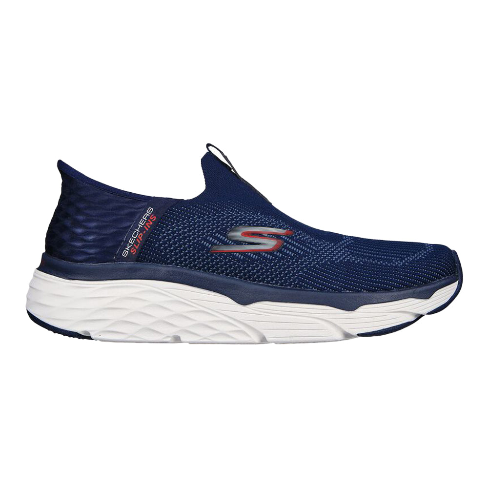 Side view on white background of Mens Skechers Max Cushioning running shoe in Navy, Medium (Regular) width