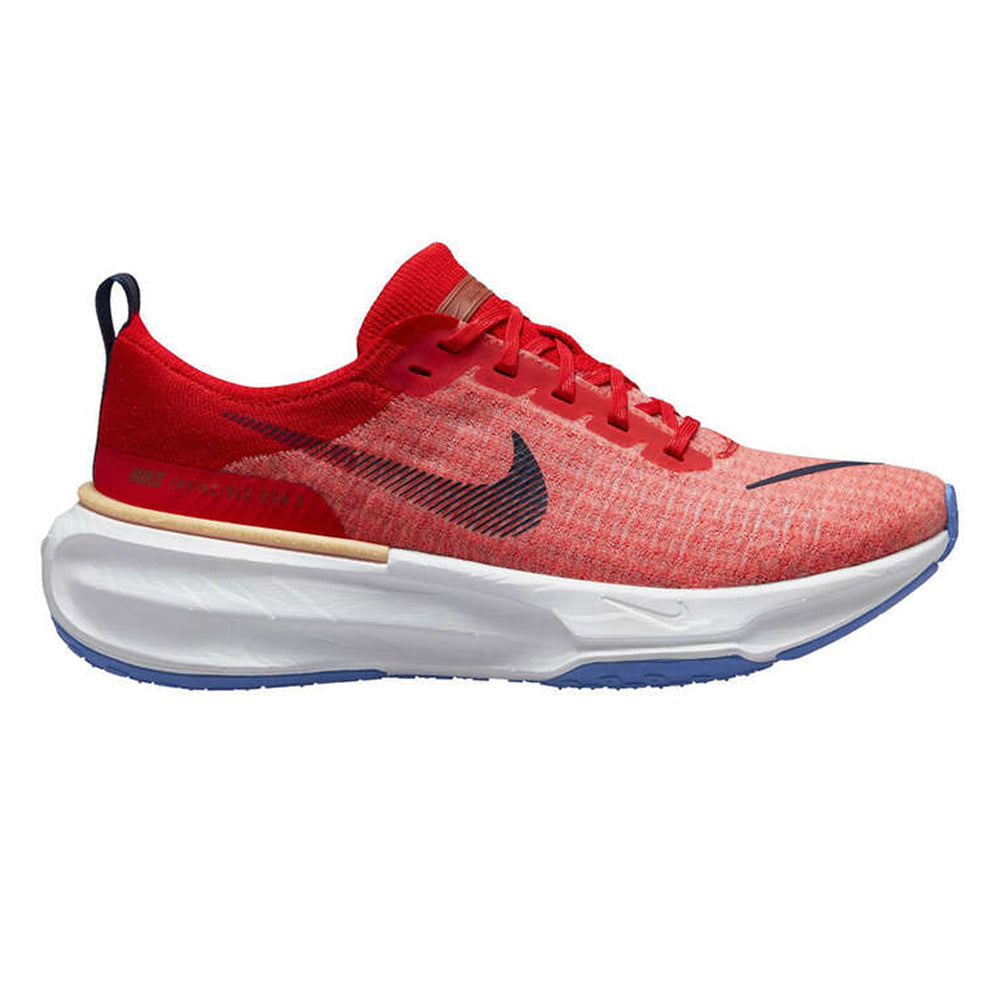 Side view on white background of Mens Nike Invincible 3 running shoe in University Red/Midnight Navy, Medium (Regular) width