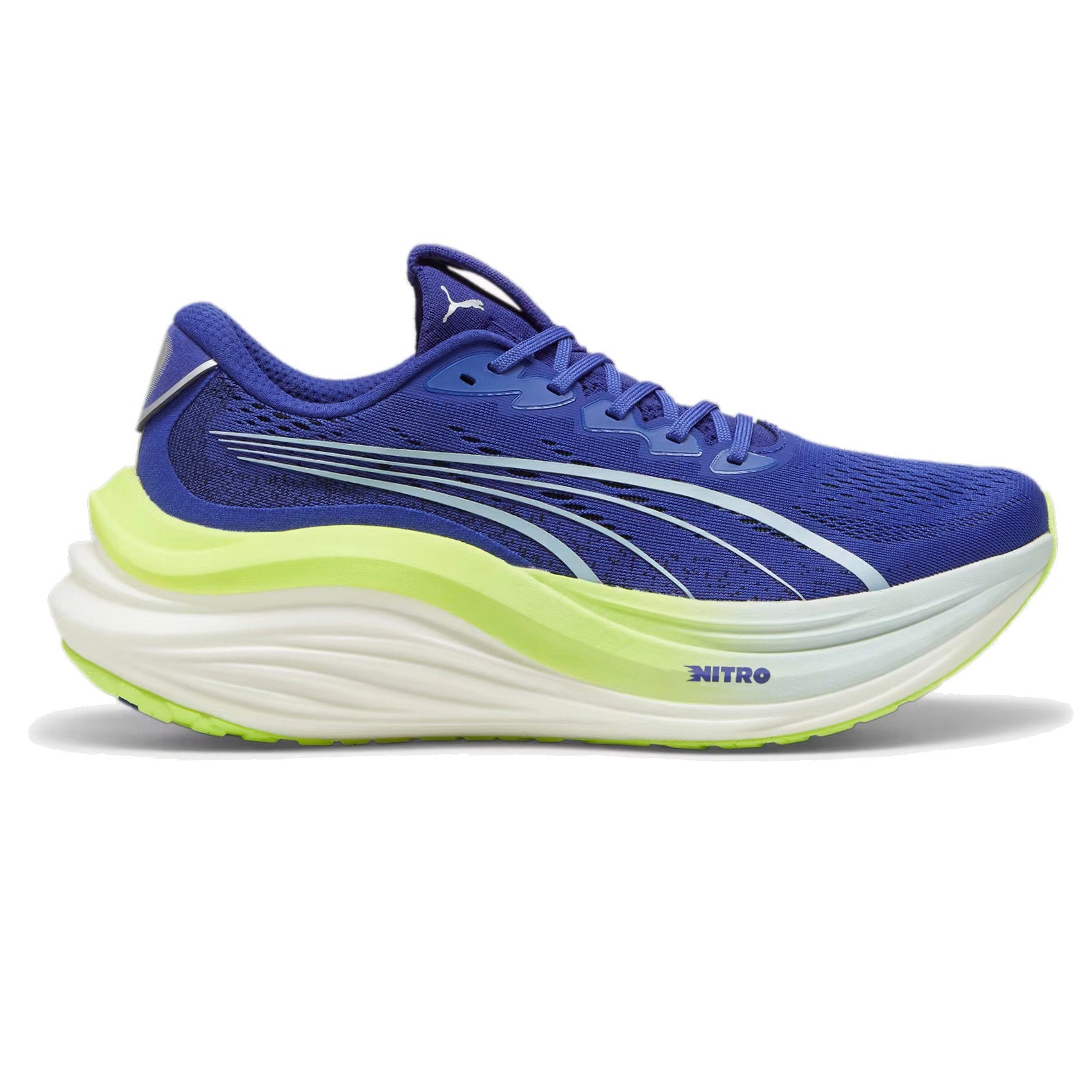 Side view on white background of Mens Puma MagMax Nitro running shoe in Lapis Lazuli/Nitro Blue, Medium (Regular) width