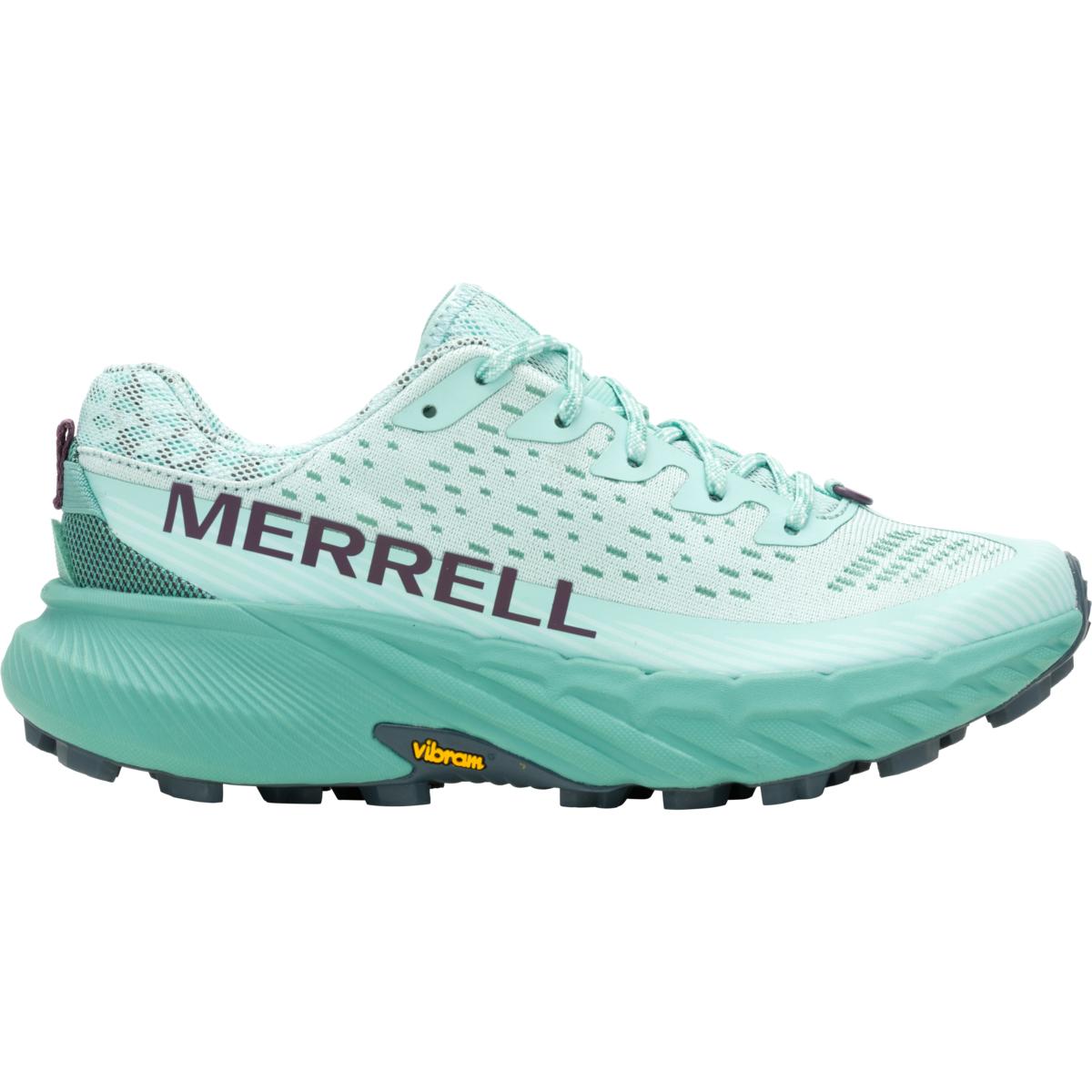 Side view on white background of Womens Merrell Agility Peak 5 running shoe in Frost Blue, Medium (Regular) width