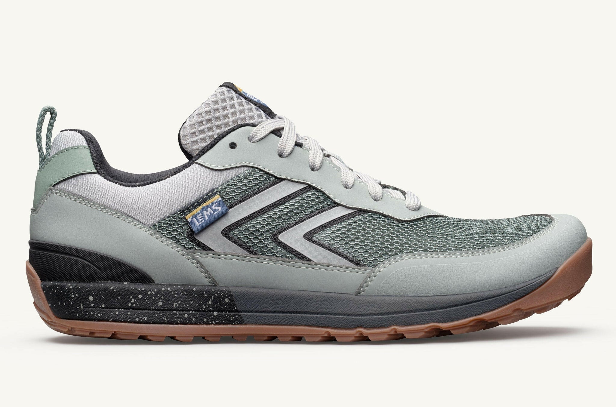 Side view on white background of Womens Lems Primal Pursuit running shoe in Morning Dew, Medium (Regular) width