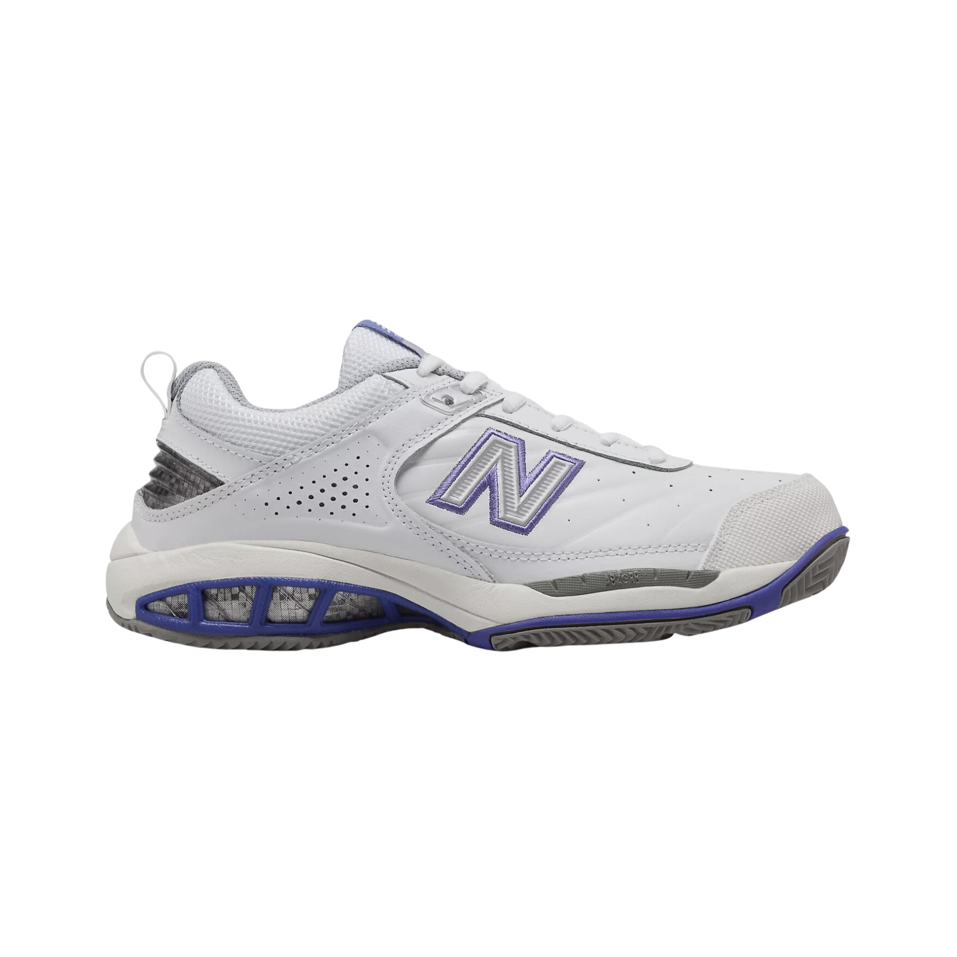 Side view on white background of Womens New Balance 806v1 running shoe in White, Medium (Regular) width