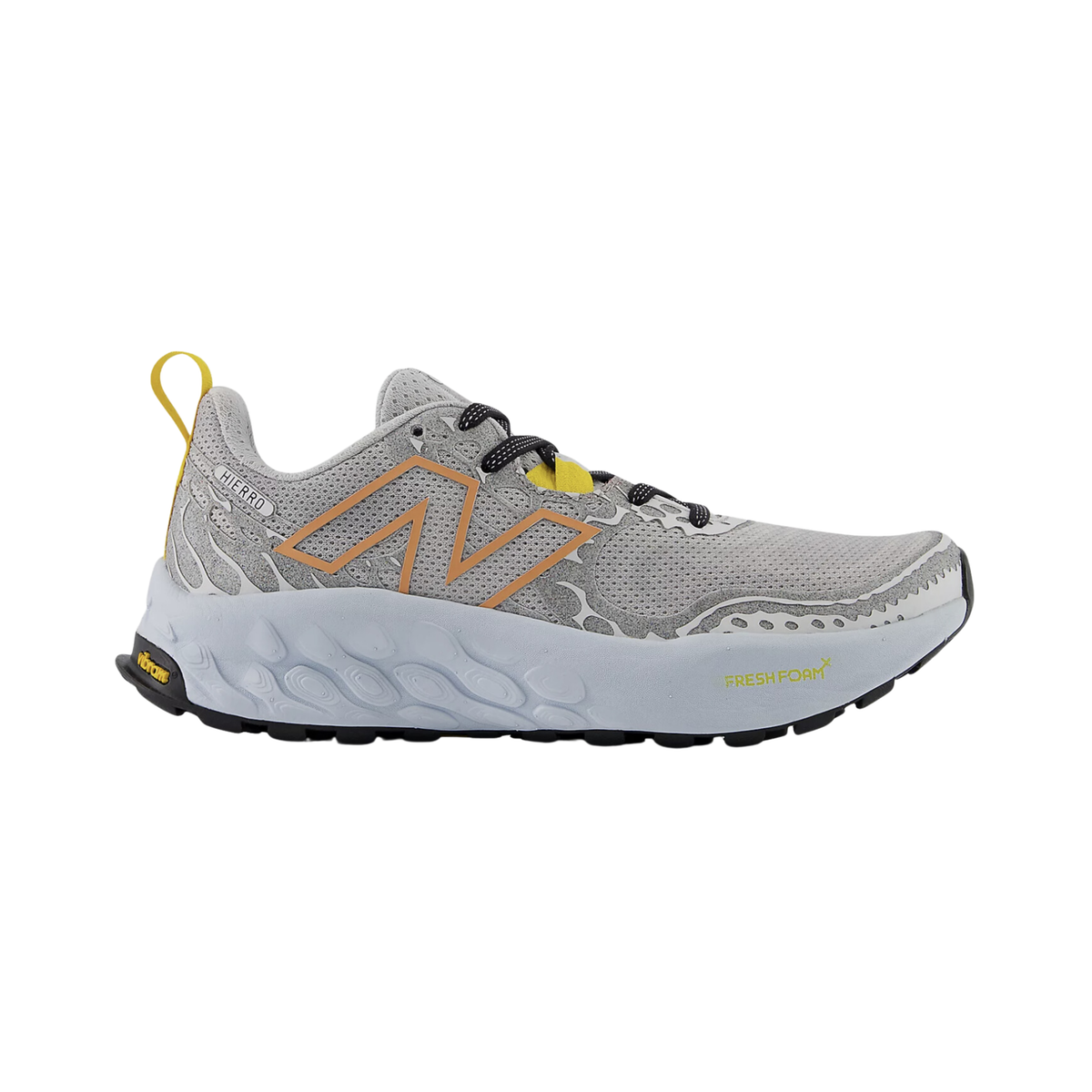 Side view on white background of Womens New Balance Fresh Foam X Hierro V8 running shoe in Grey Matter/Quarry Blue/Copper, Medium (Regular) width