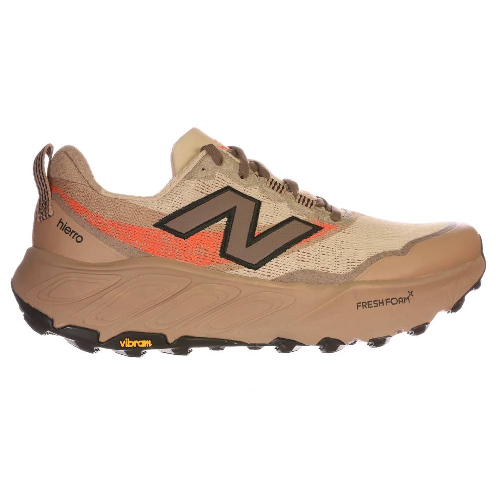 Side view on white background of Mens New Balance Fresh Foam X Hierro V8 running shoe in Desert Clay/Earth Shadow/Urgent Red, Wide width