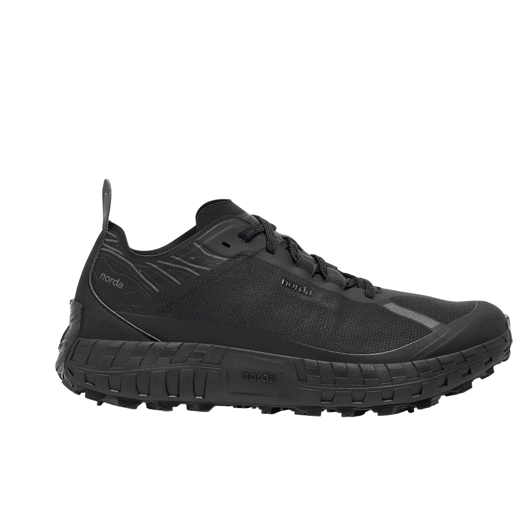 Side view on white background of Womens Norda 001 running shoe in Stealth Black, Medium (Regular) width