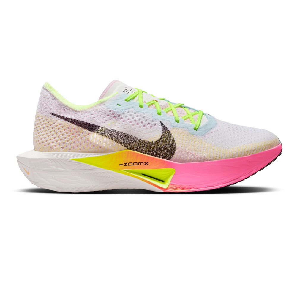 Side view on white background of Mens Nike ZoomX Vaporfly Next% 3 running shoe in Multi-Color/Black-Volt, Medium (Regular) width