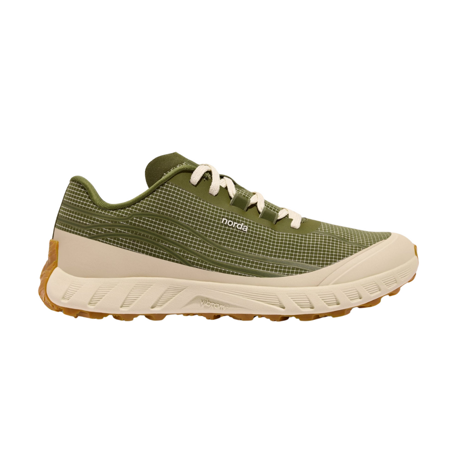 Side view on white background of Mens Norda 002 running shoe in Sage, Medium (Regular) width
