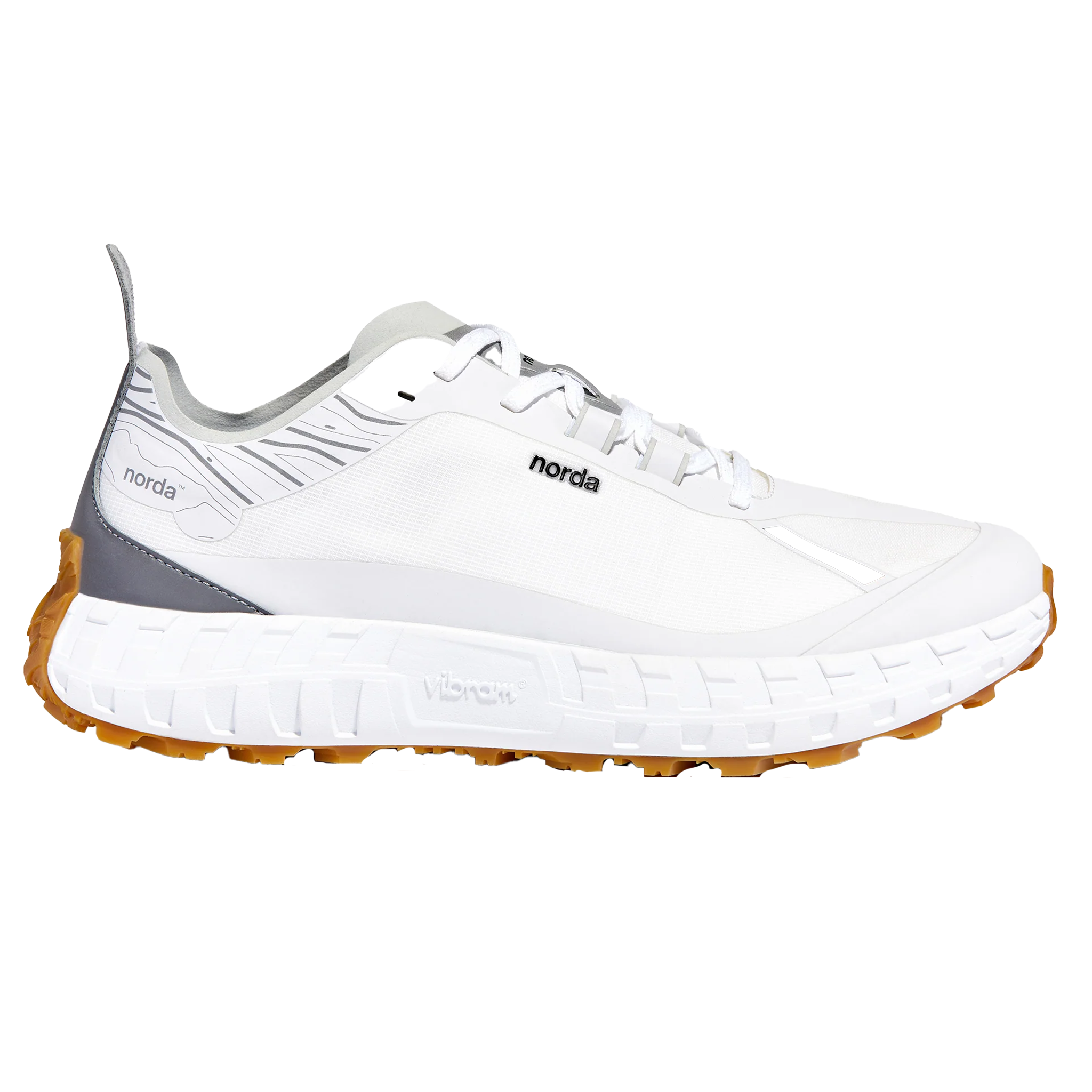 Side view on white background of Womens Norda 001 running shoe in White/Gum, Medium (Regular) width