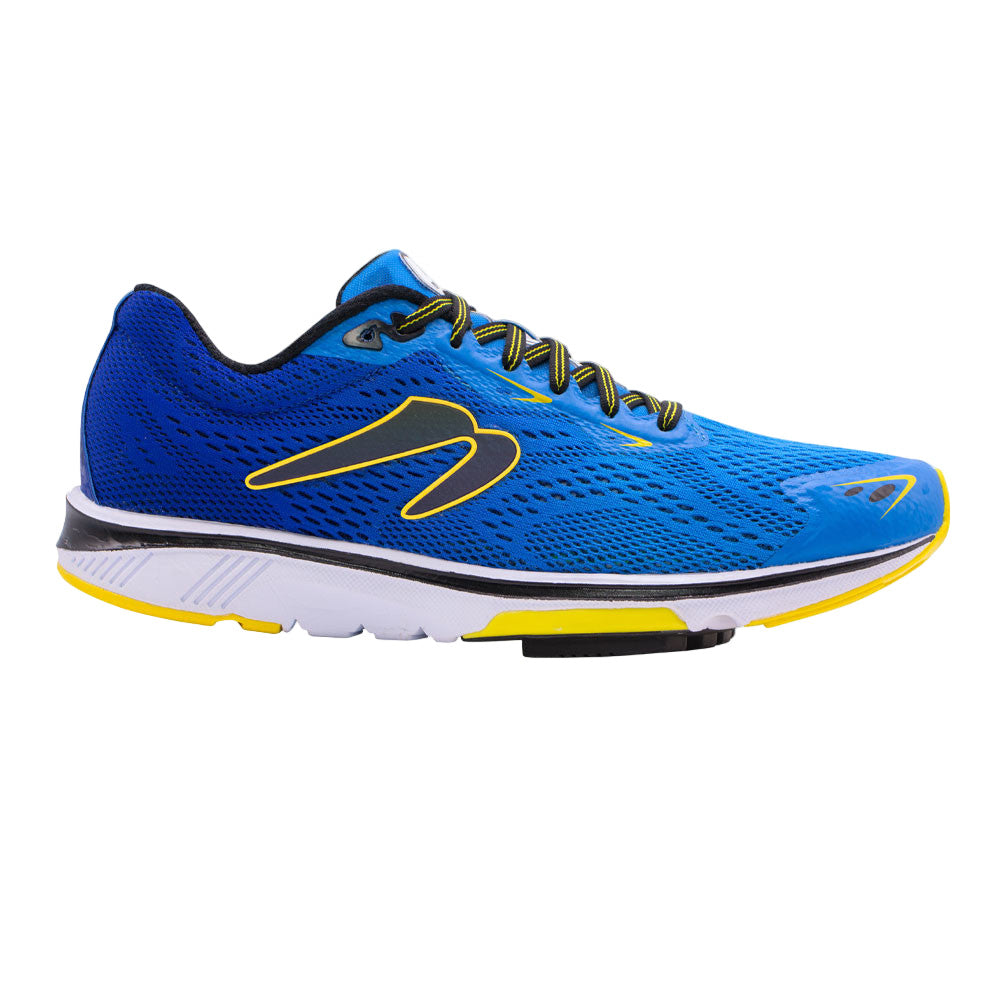 Side view on white background of Mens Newton Running Gravity 9 running shoe in Navy/Citron, Medium (Regular) width