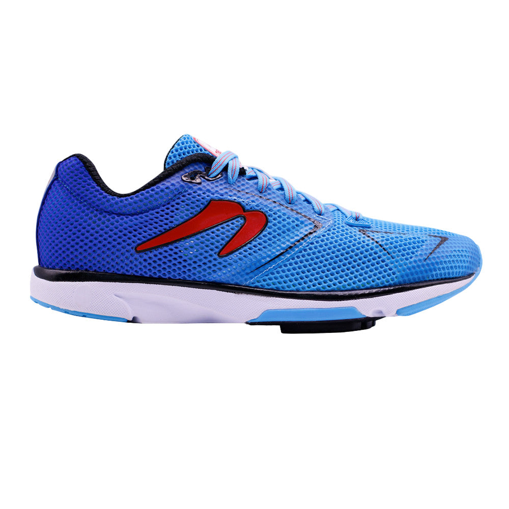 Side view on white background of Mens Newton Running Distance 9 B running shoe in Blue/Red, Medium (Regular) width