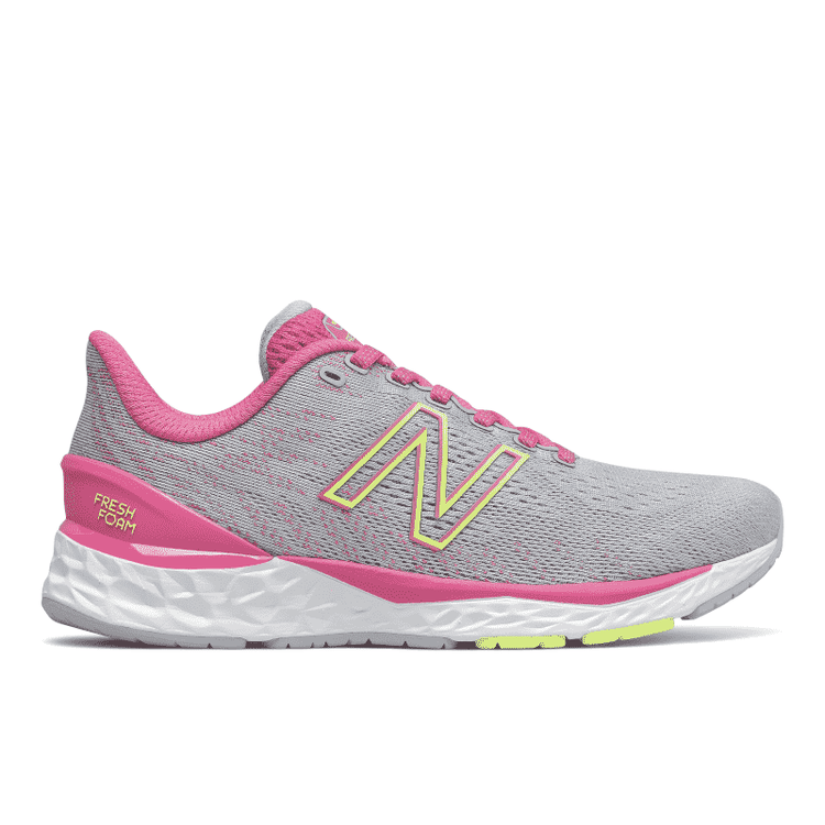 Side view on white background of Kids New Balance Fresh Foam 880v11 running shoe in Light Cyclone/Lollipop/Bleached Lime Glo, Medium (Regular) width