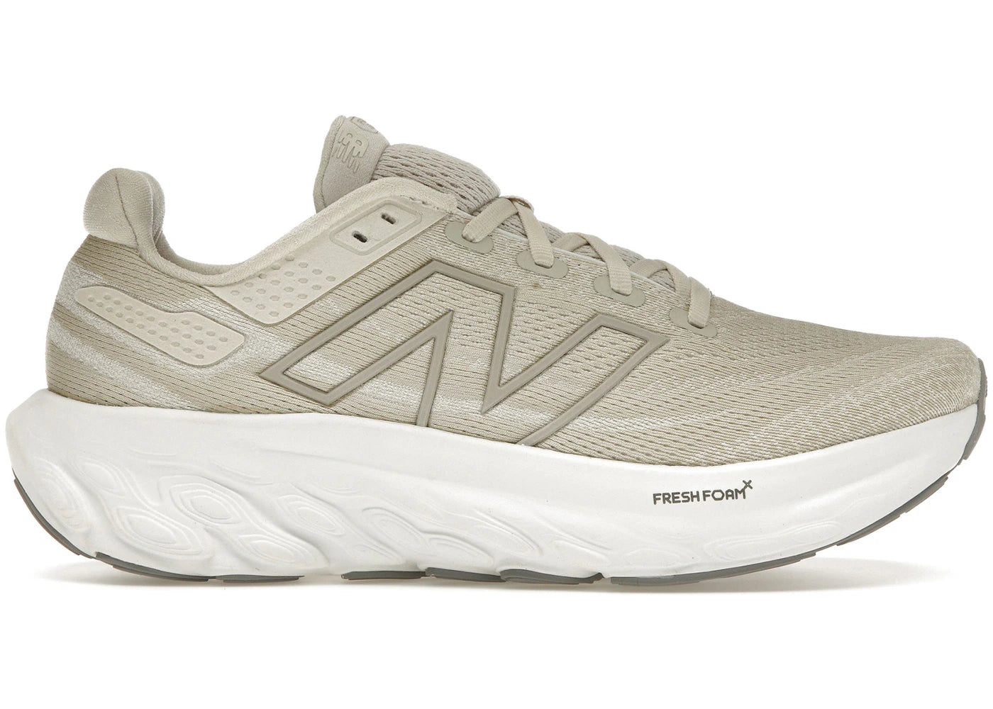 Side view on white background of Mens New Balance Fresh Foam X 1080v13 running shoe in Timberwolf/Reflection, Medium (Regular) width