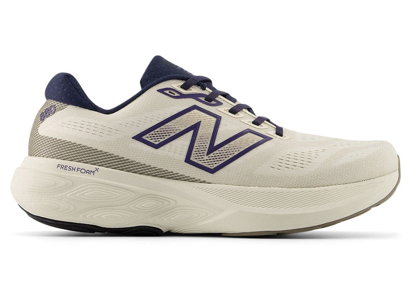 Side view on white background of Mens New Balance Fresh Foam X 860v15 running shoe in Linen/Dream State/Midnight, Medium (Regular) width