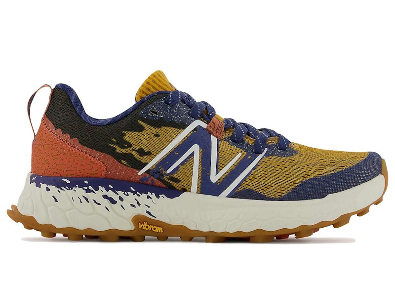 Side view on white background of Womens New Balance Fresh Foam X Hierro V7 running shoe in Golden Hour/Moon Shadow/Red Clay/Sea Salt, Wide width