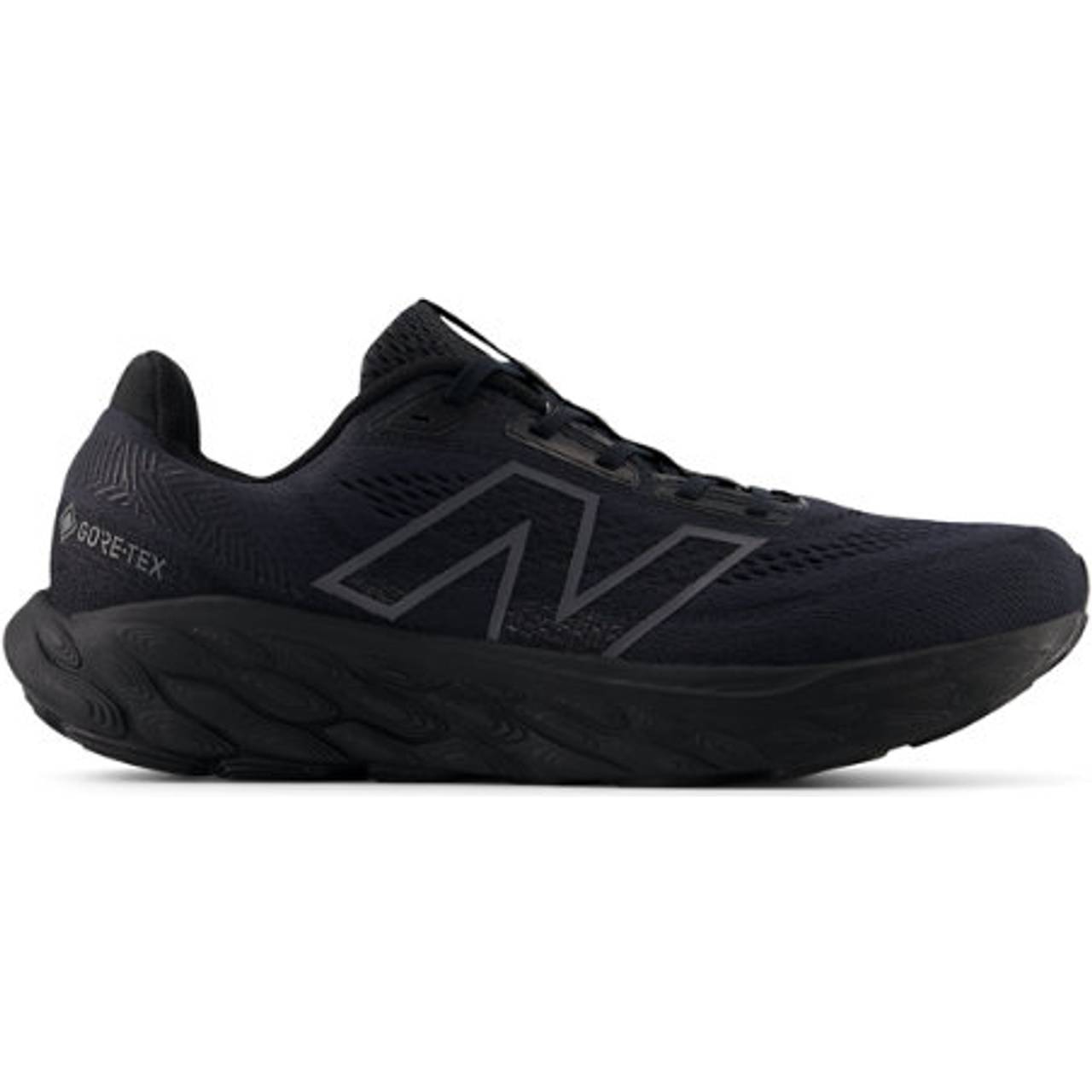 Side view on white background of Mens New Balance Fresh Foam X 880v14 GTX running shoe in Black/Phantom/Magnet, Wide width