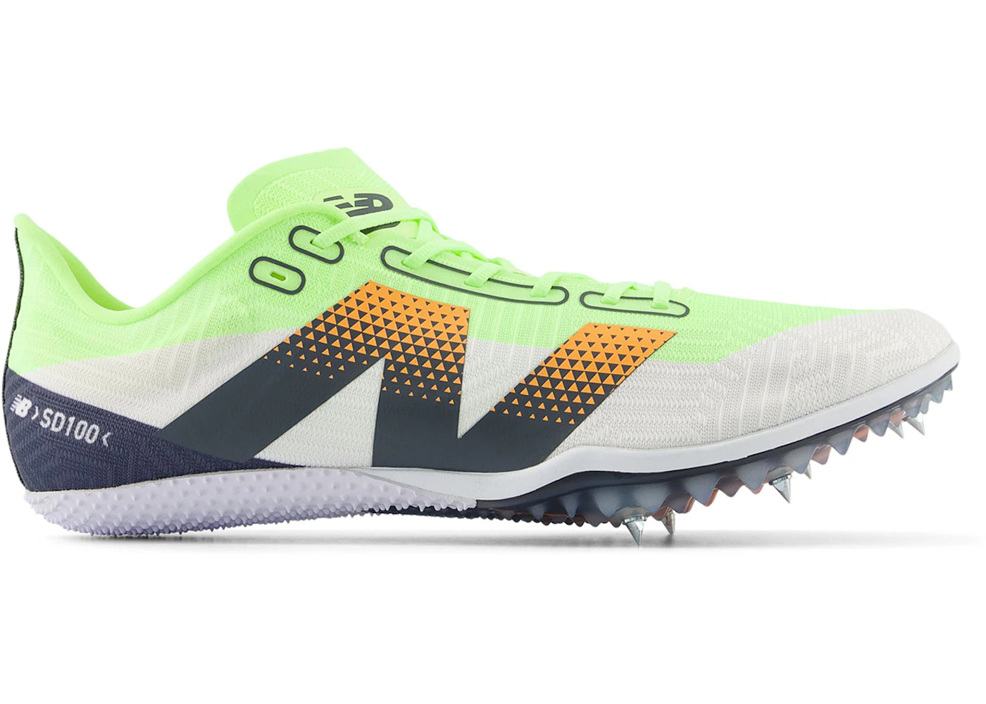 Side view on white background of Womens New Balance FuelCell SD100 v5 running shoe in Bleached Lime Glo/Graphite/Hot Mango, Medium (Regular) width