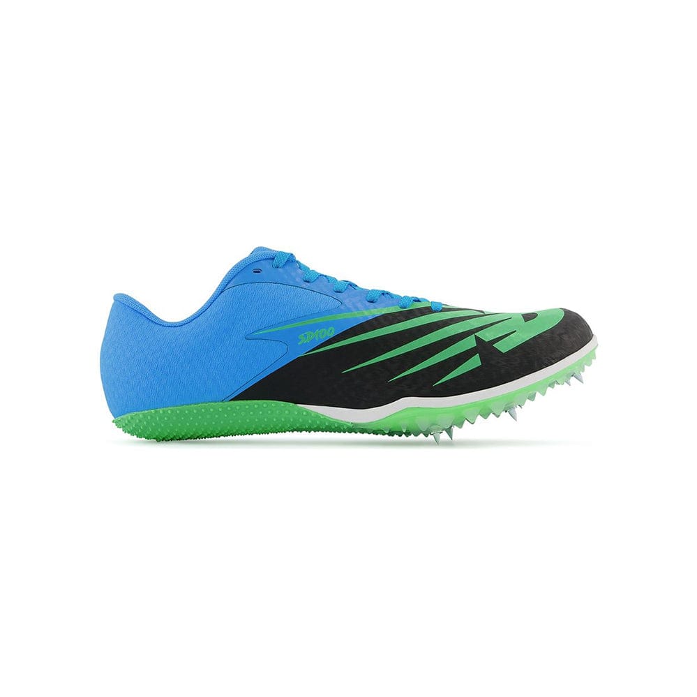 Side view on white background of Mens New Balance SD100 v4 running shoe in Black/Bleach Blue, Medium (Regular) width