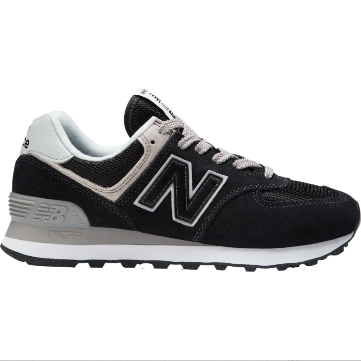 Side view on white background of Mens New Balance 574 running shoe in Black/White, Extra Wide width