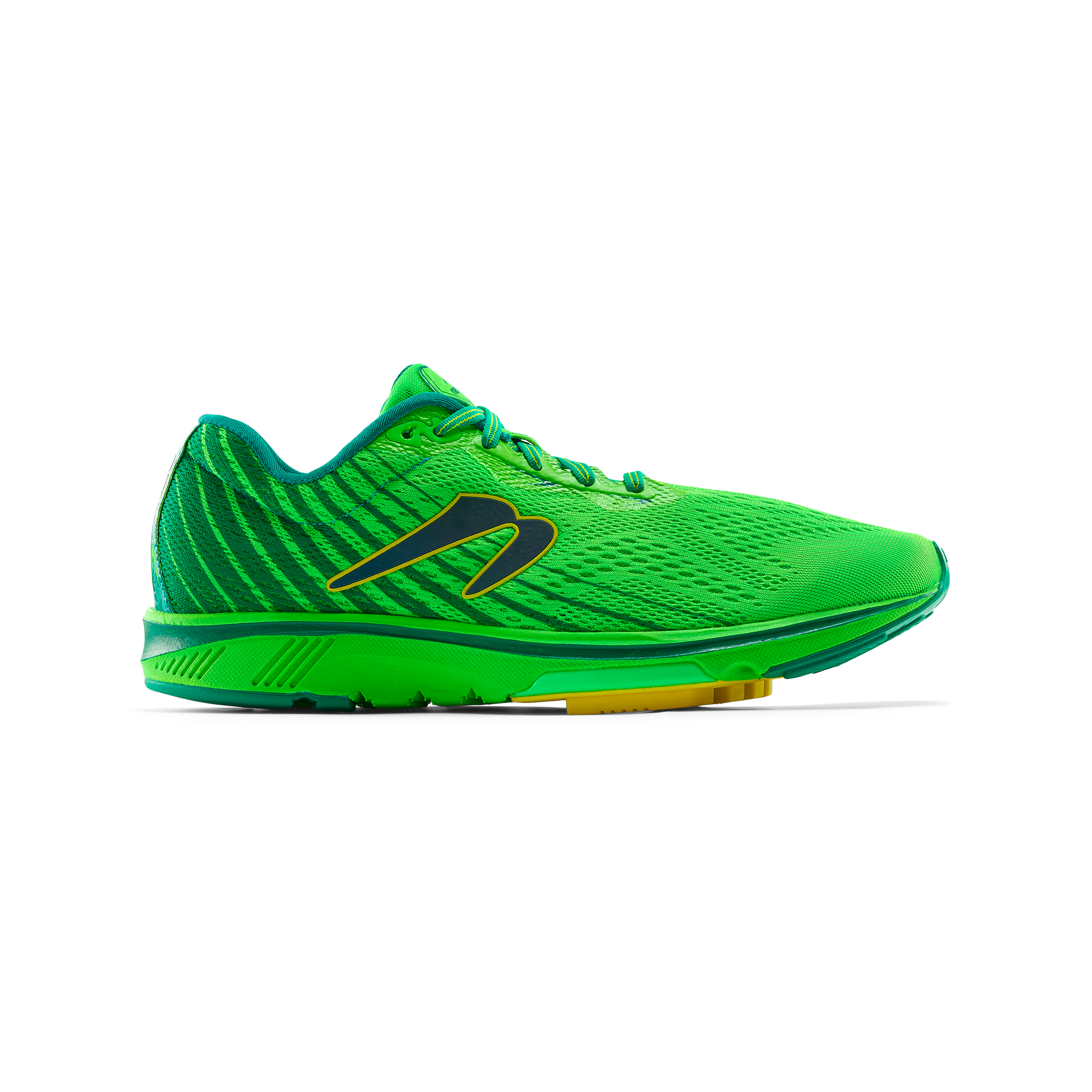 Side view on white background of Mens Newton Running Motion 11 running shoe in Jungle Green/Forest Green, Medium (Regular) width