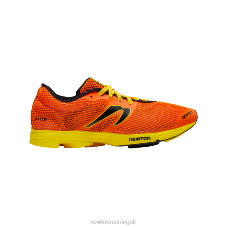 Side view on white background of Mens Newton Running Distance Elite running shoe in Orange/Black, Medium (Regular) width