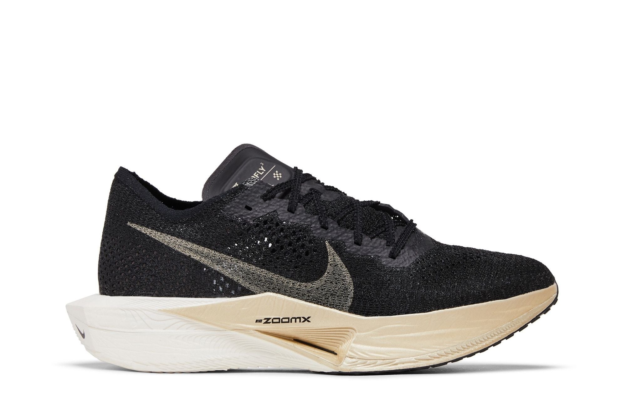 Side view on white background of Mens Nike ZoomX Vaporfly Next% 3 running shoe in Black/Oatmeal/Metallic Gold Grain, Medium (Regular) width