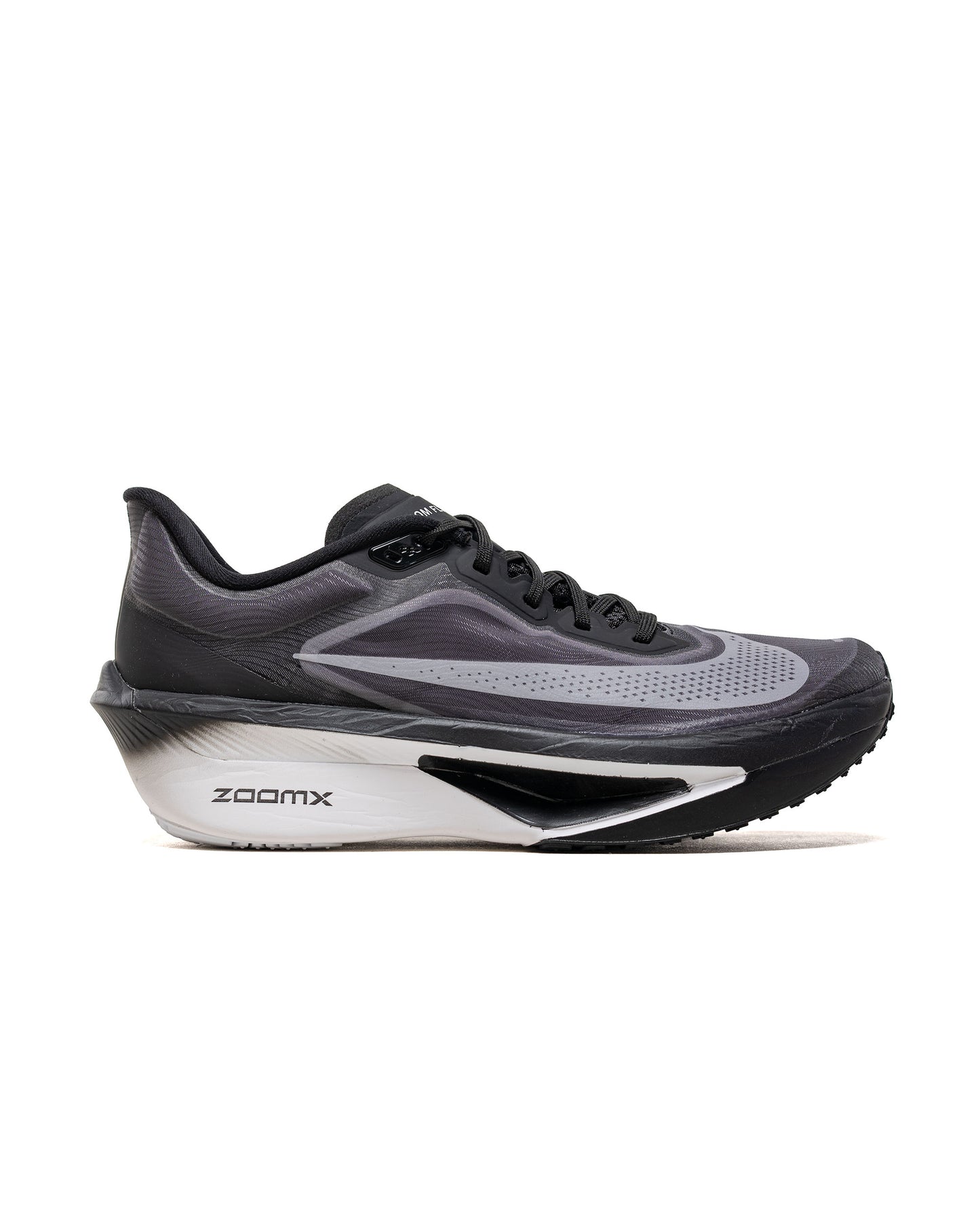 Side view on white background of Mens Nike Zoom Fly 6 running shoe in Black/White-Lt Smoke Grey, Medium (Regular) width
