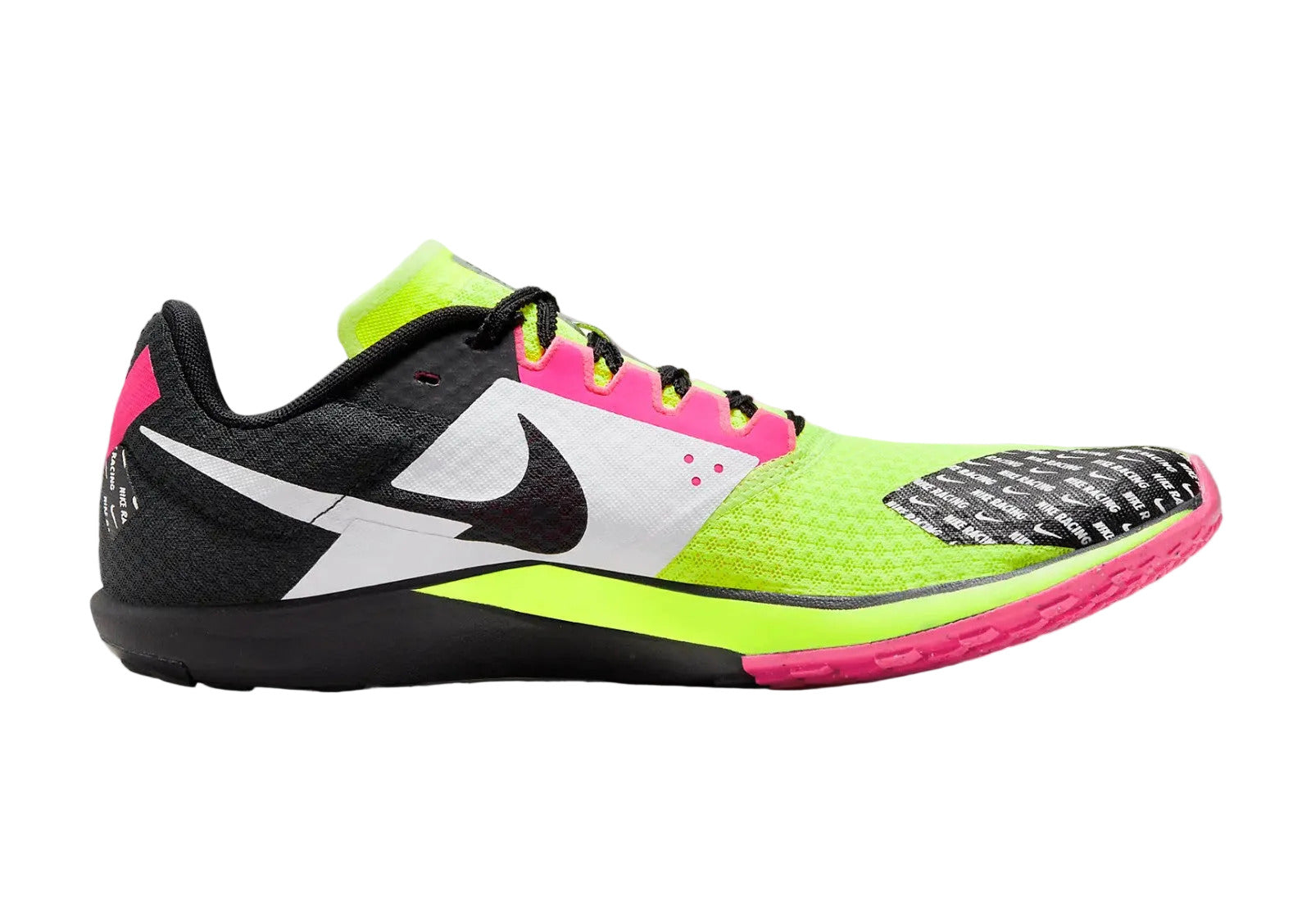 Side view on white background of Mens Nike Zoom Rival Waffle 6 running shoe in Volt/White-Black-Hyper Pink, Medium (Regular) width