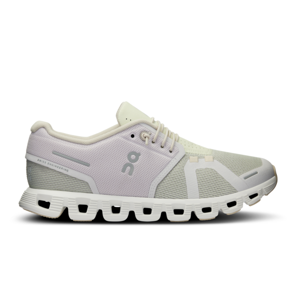 Side view on white background of Womens On Cloud 5 Combo running shoe in Lavender/Aloe, Medium (Regular) width
