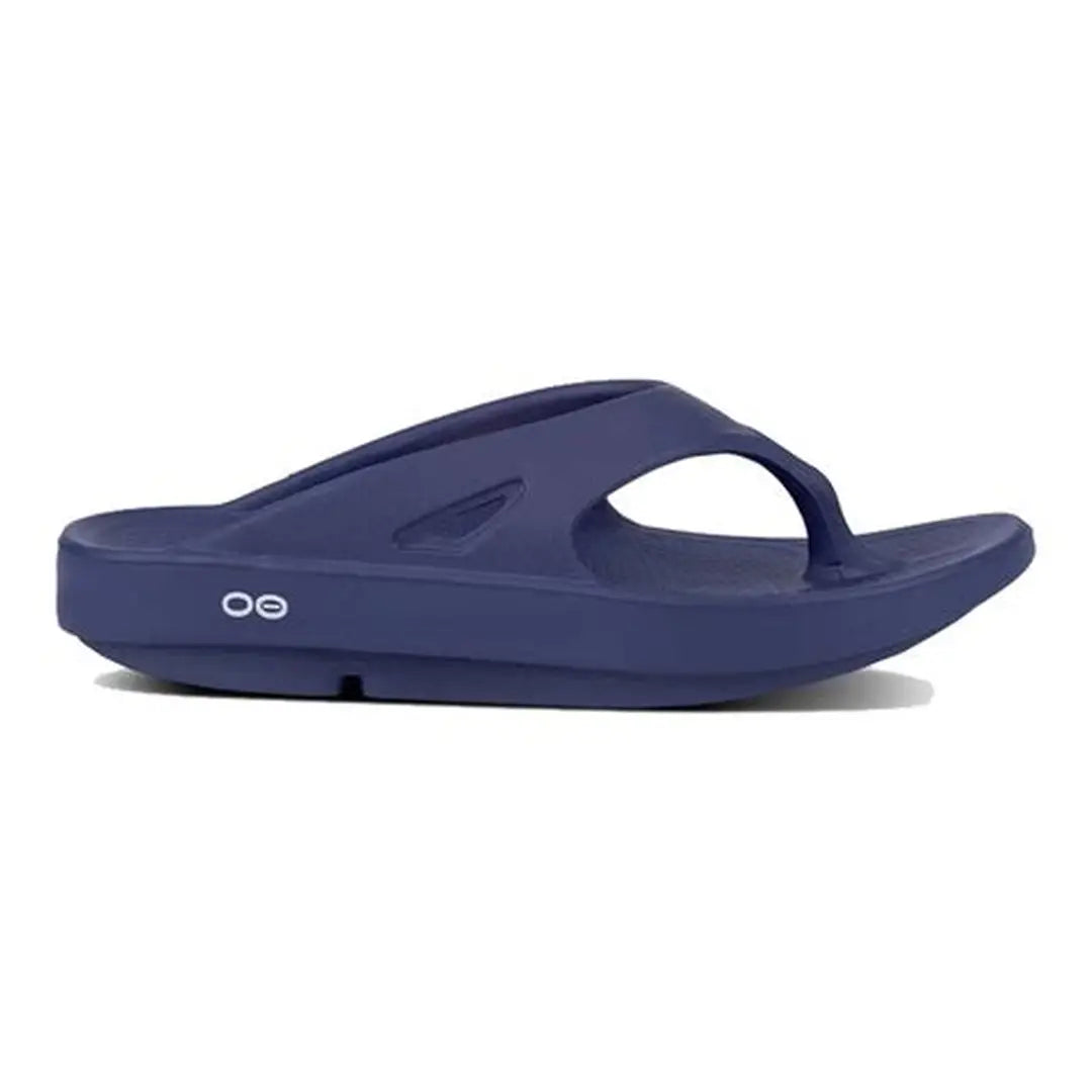 Side view on white background of Womens OOFOS OOriginal Sandal running shoe in Navy, Medium (Regular) width