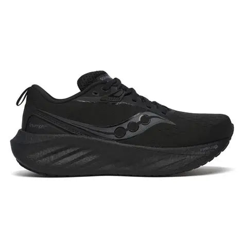 Side view on white background of Womens Saucony Triumph 22 running shoe in Triple Black, Medium (Regular) width