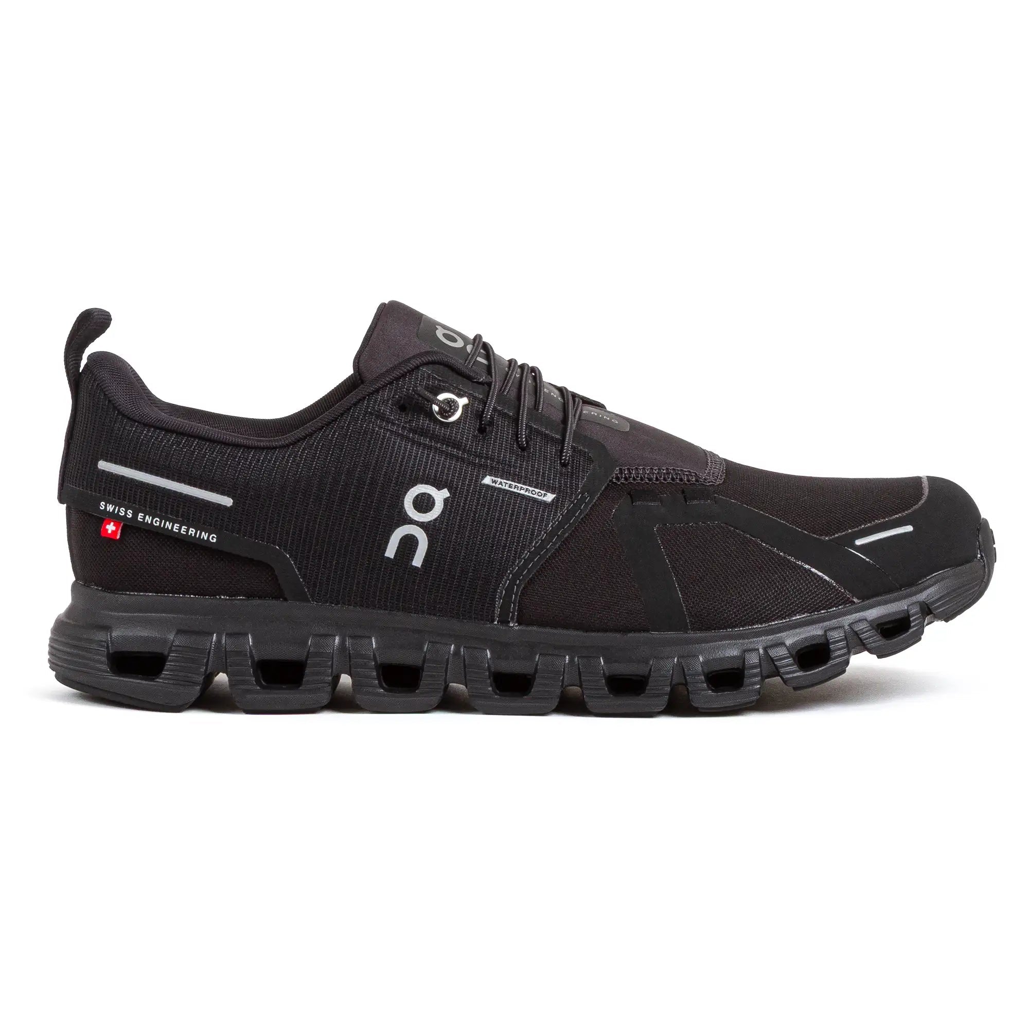 Side view on white background of Womens On Cloud 6 Waterproof running shoe in Black/Black, Medium (Regular) width