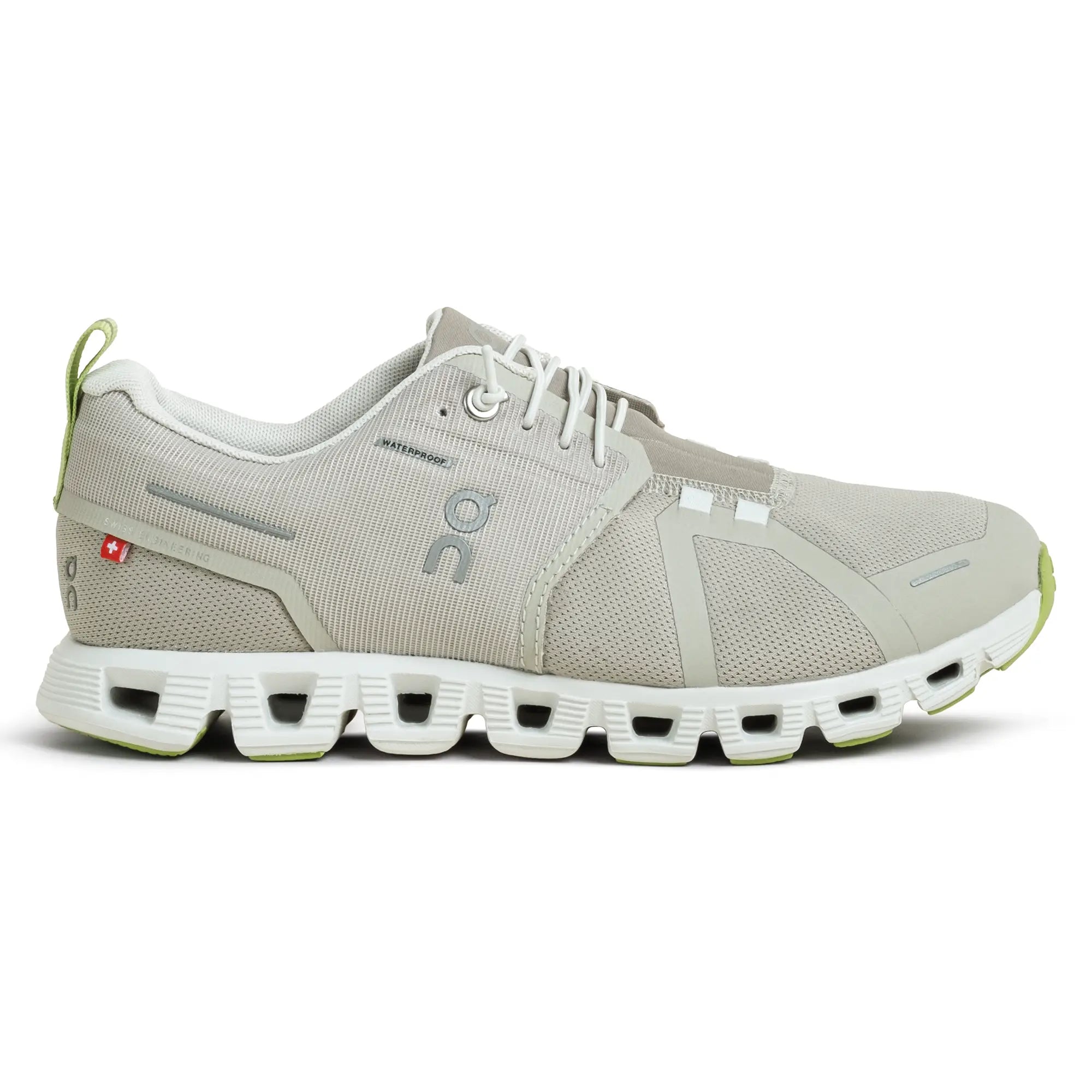 Side view on white background of Womens On Cloud 5 Waterproof running shoe in Chalk/Ice, Medium (Regular) width