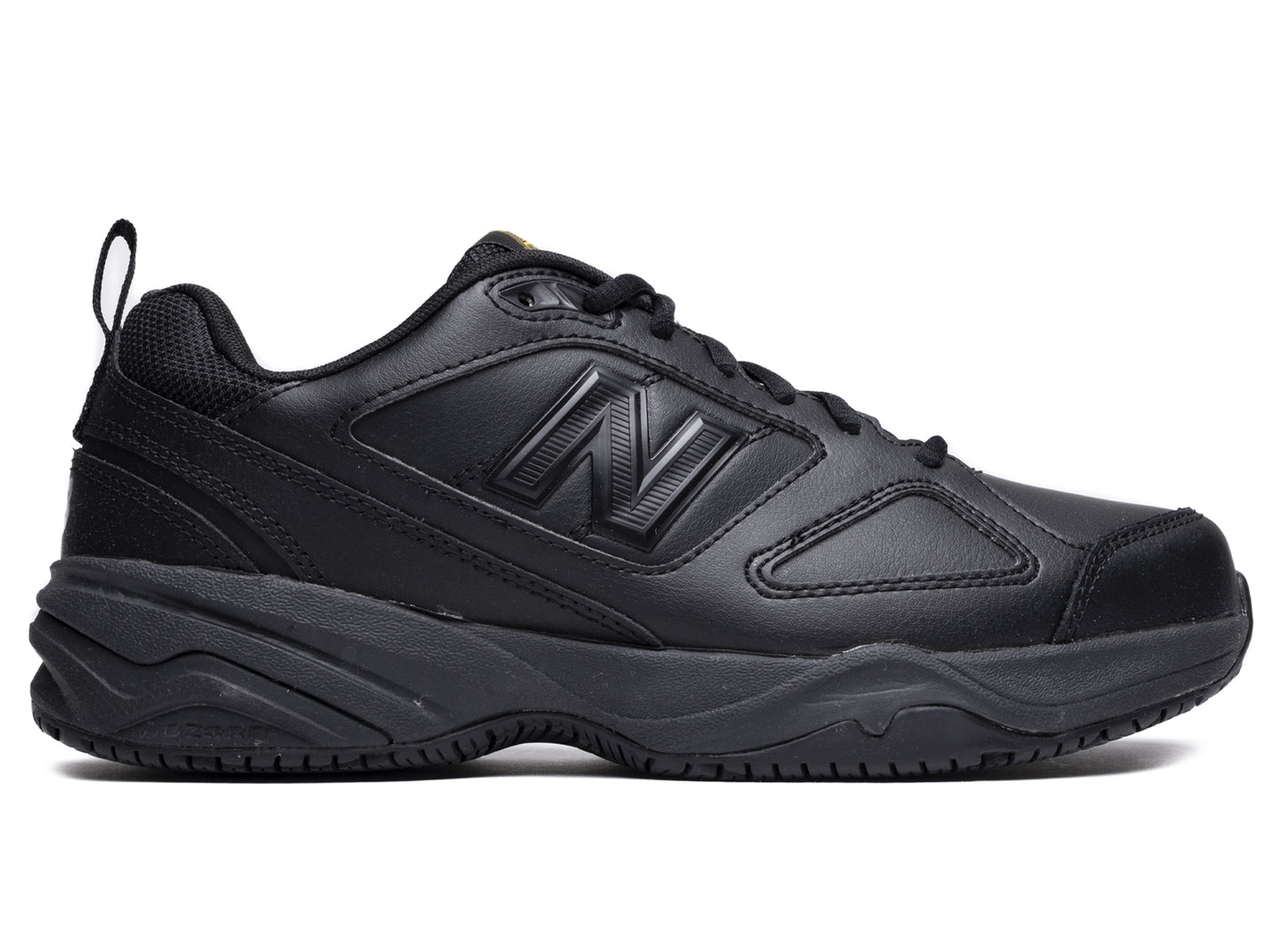 Side view on white background of Mens New Balance 642v2 running shoe in Black, Medium (Regular) width