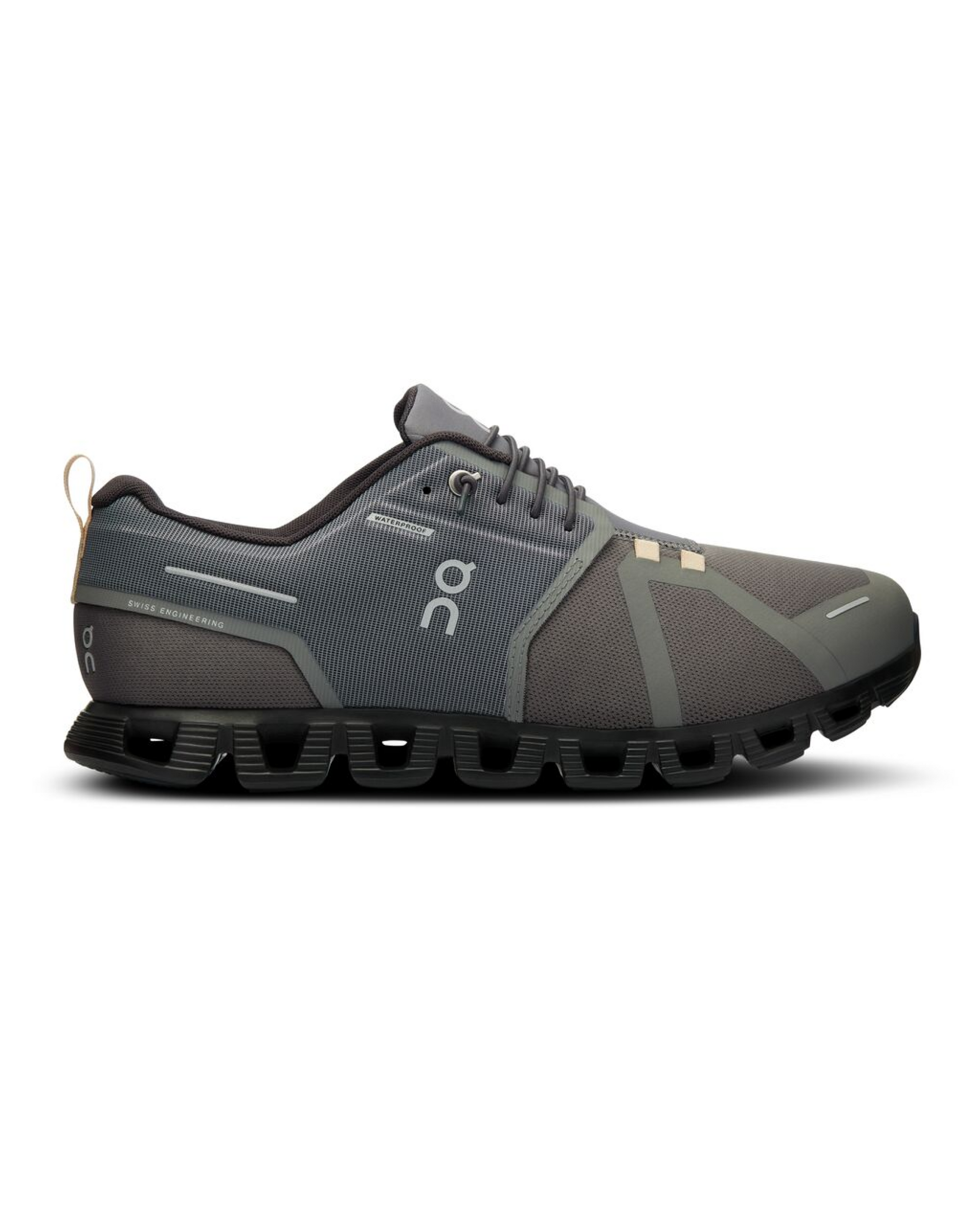 Side view on white background of Mens On Cloud 5 Waterproof running shoe in Asphalt/Magnet, Medium (Regular) width